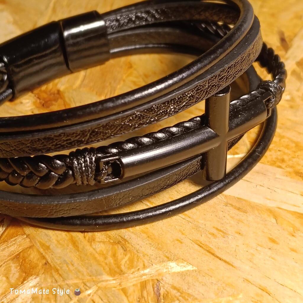 Bracciale Uomo Multifilo in Ecopelle con Croce
