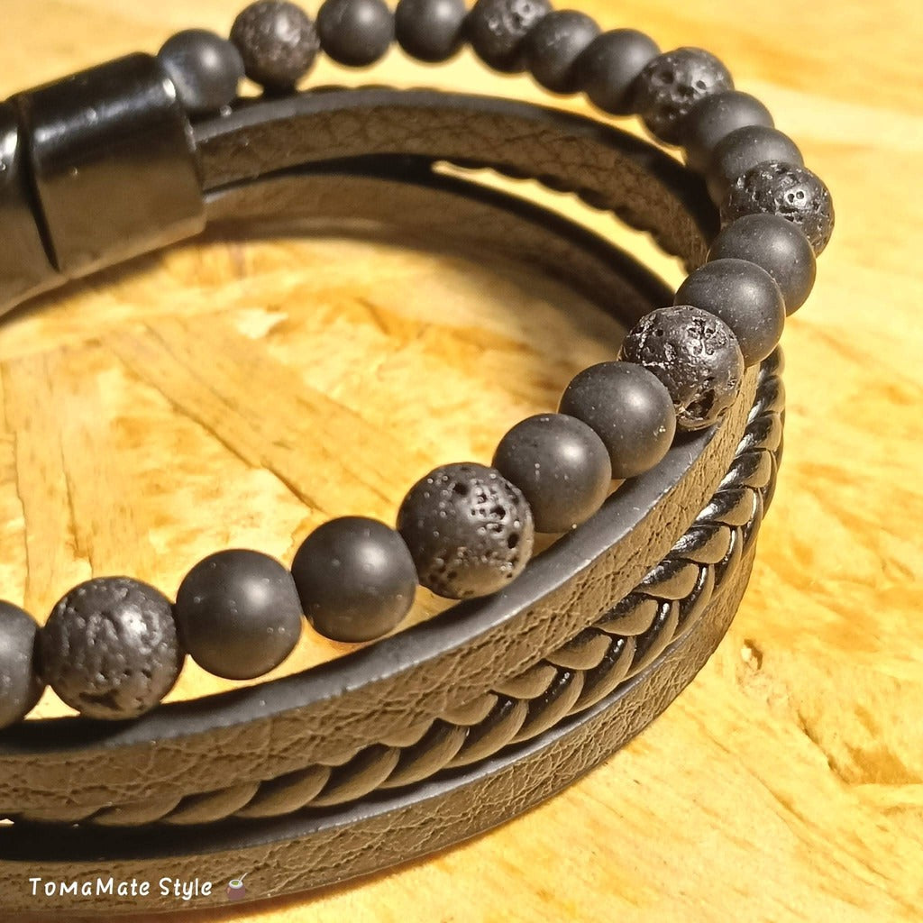 Bracciale Uomo Shungite e Pietra Lavica in Ecopelle