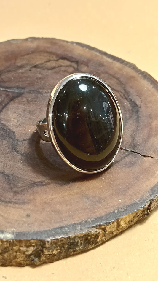 Anello in acciaio con ossidiana nera naturale regolabile
