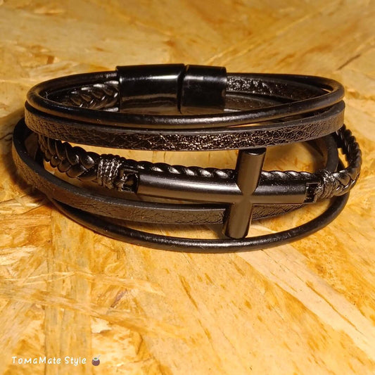 Bracciale Uomo Multifilo in Ecopelle con Croce