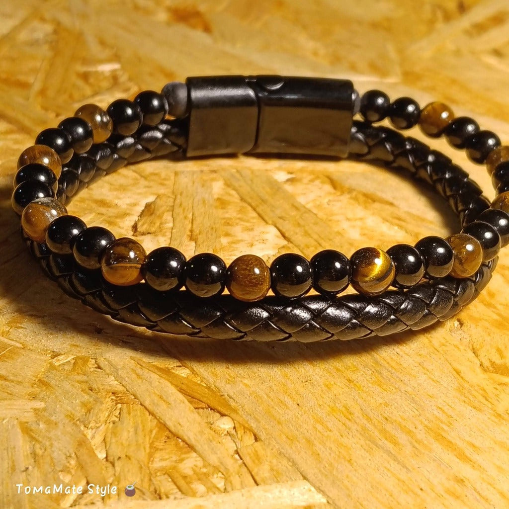 Bracciale Uomo in Ecopelle intrecciata e Occhio di Tigre