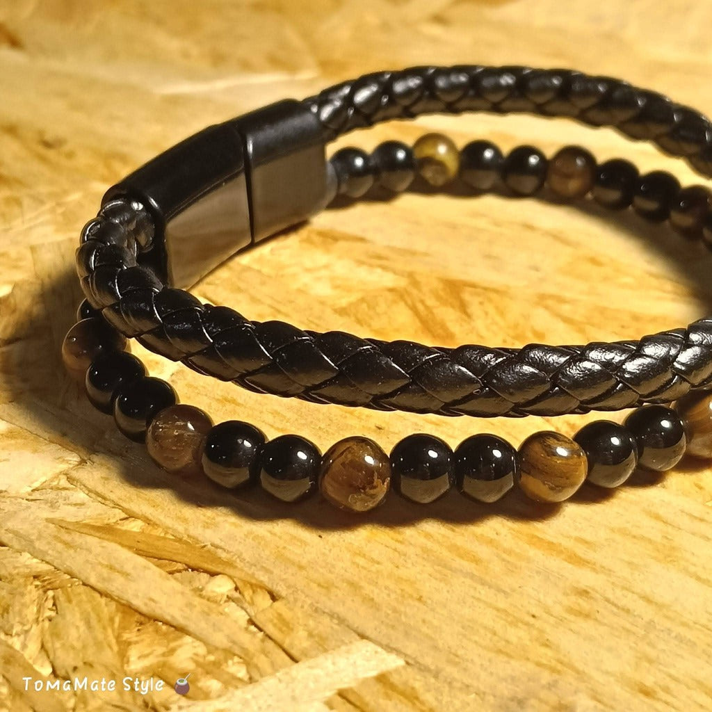 Bracciale Uomo in Ecopelle intrecciata e Occhio di Tigre