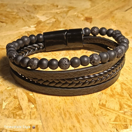 Bracciale Uomo Shungite e Pietra Lavica in Ecopelle