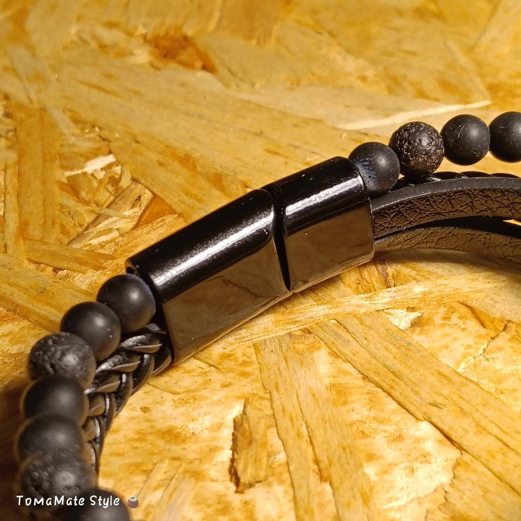 Bracciale Uomo Shungite e Pietra Lavica in Ecopelle