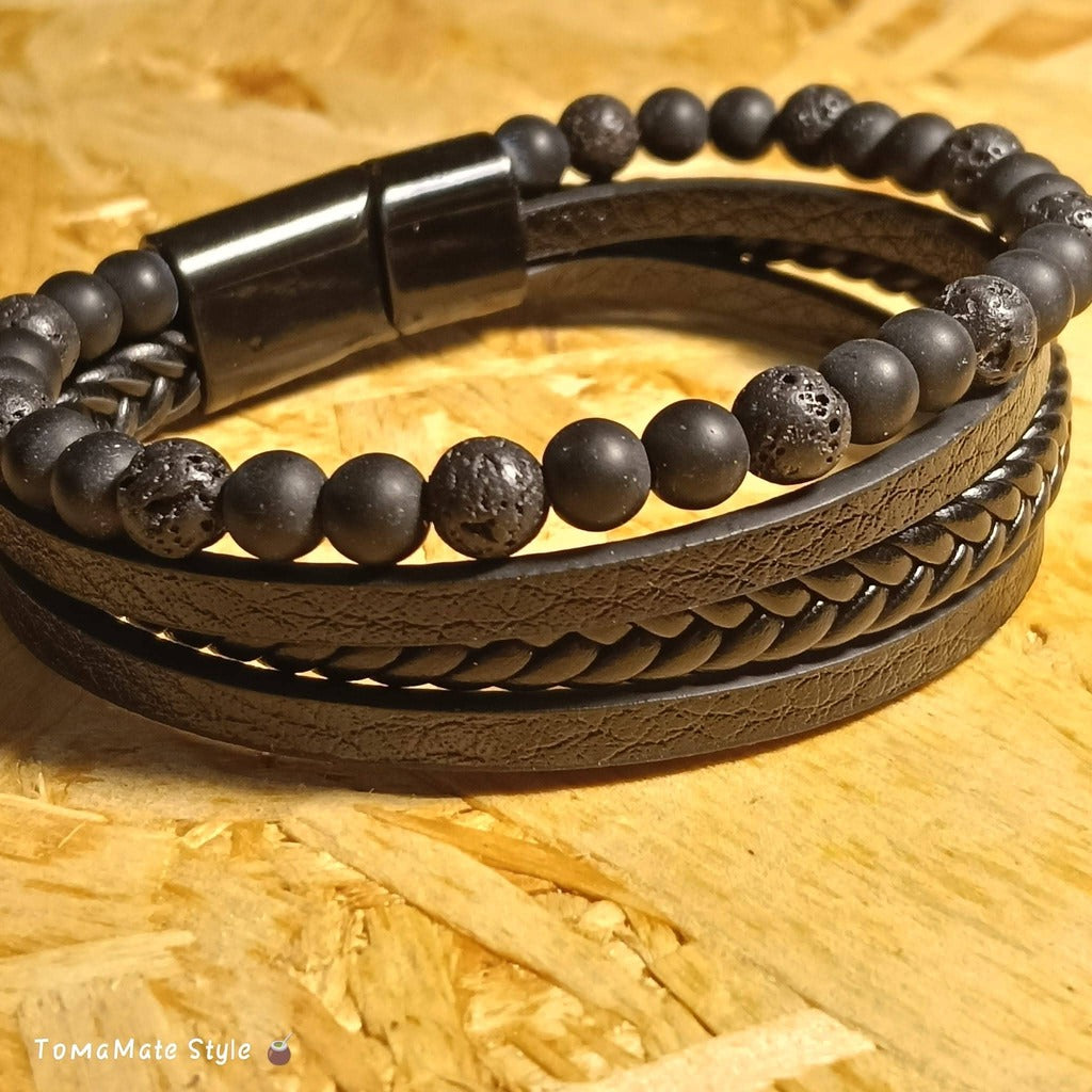 Bracciale Uomo Shungite e Pietra Lavica in Ecopelle