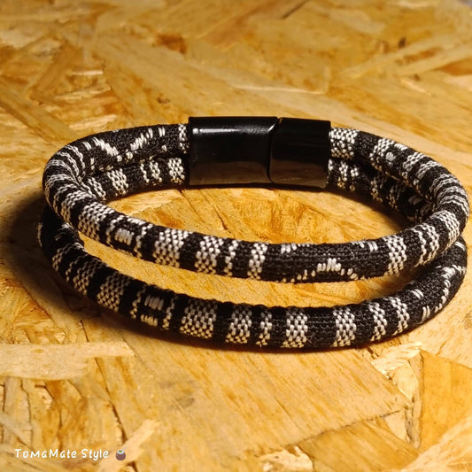 Bracciale Uomo Etnico in Tessuto Bianco e Nero a Due Giri