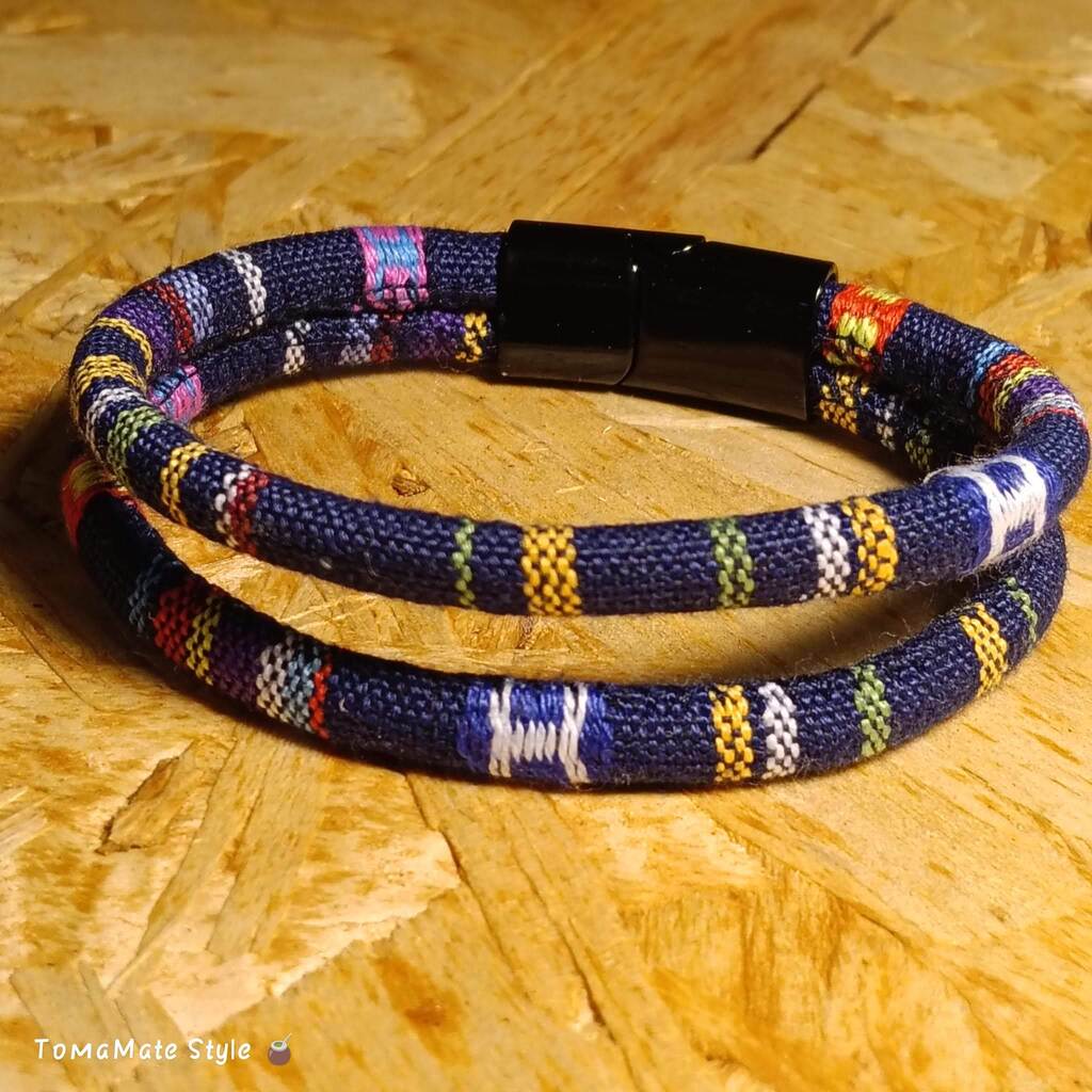 Bracciale Uomo Etnico in Tessuto Blu a Due Giri